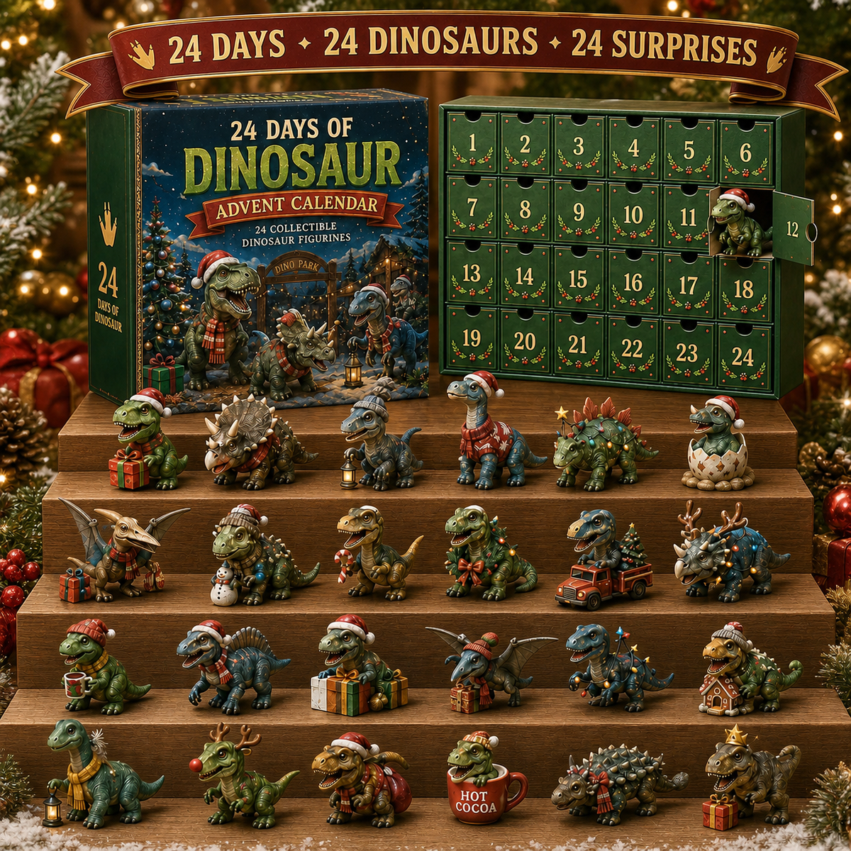 🦖 24 Days of Dinosaur Christmas Advent Calendar – 24 Collectible Dino Figurines & Holiday Surprises