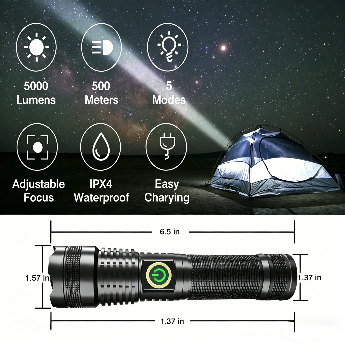 XHP70 5000 Lumens Flashlight 5 Modes with Battery Rechargeable