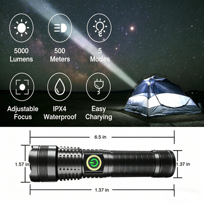 XHP70 5000 Lumens Flashlight 5 Modes with Battery Rechargeable