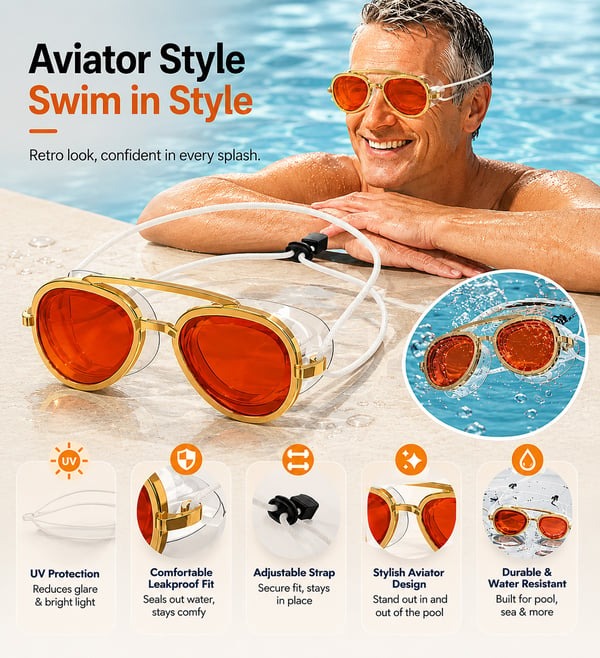 👓 Sunny Swim Goggles – UV Protection, Wide View, Chic Sunglass Look
