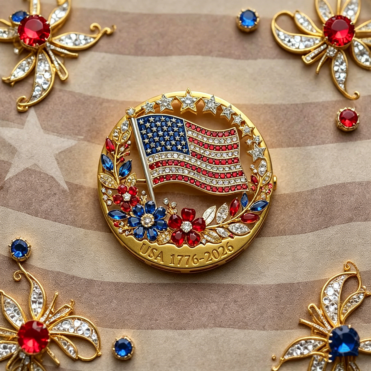 USA 250th Anniversary Commemorative American Flag Rhinestone Brooch