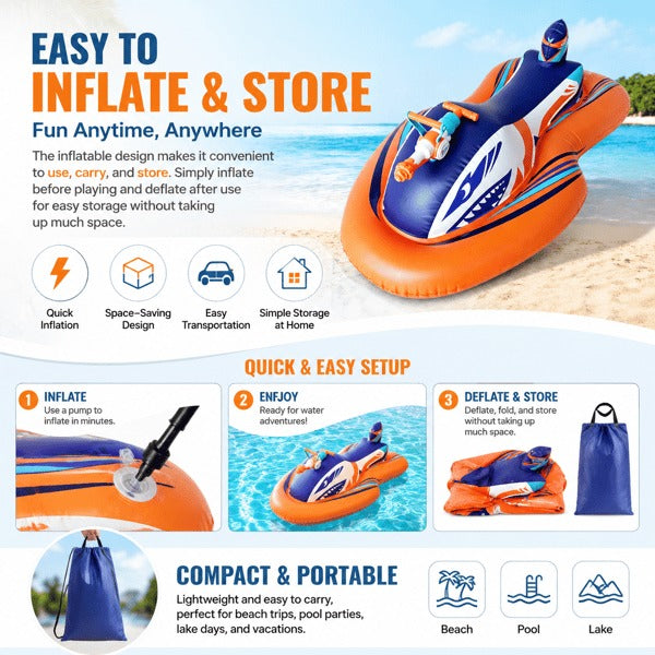 🌊 2-in-1 Shark Inflatable Jet Water Ski🚤 Built-in Water Gun