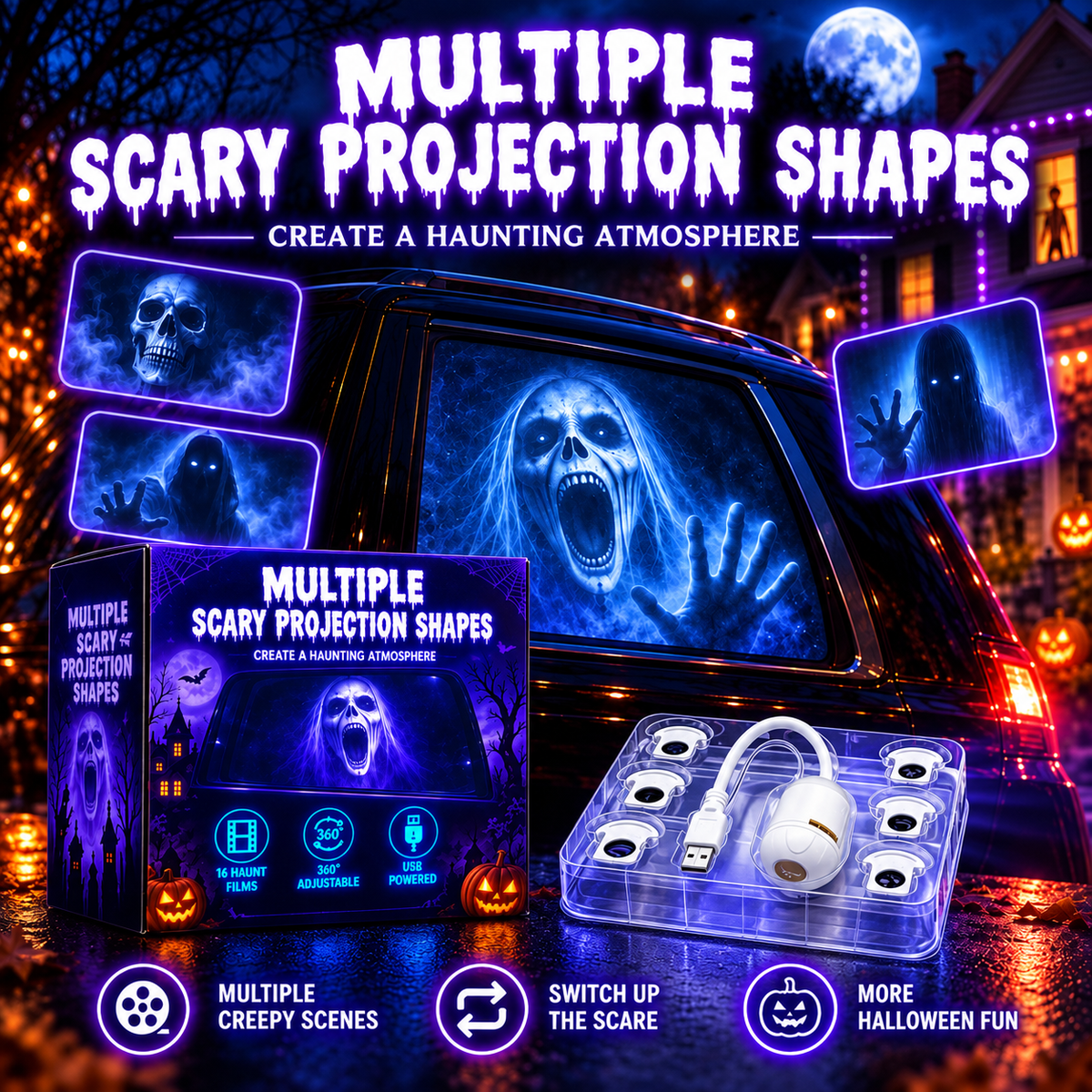 👻 Halloween Window Projector — Spooky Films, USB Powered Holiday Decor