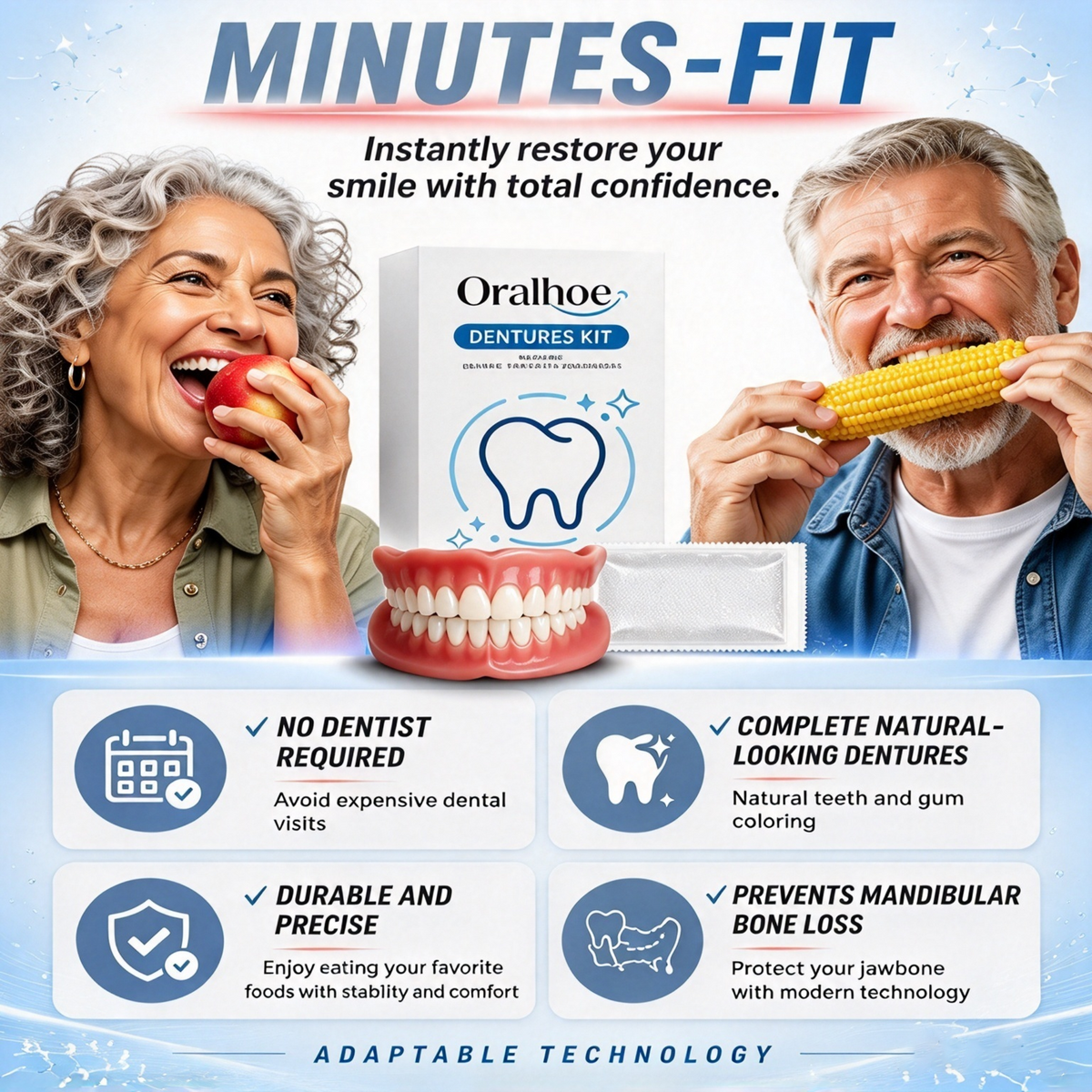 Full Set Natural Dentures Upper & Lower Silicone Fake Teeth Braces Comfort Fit 