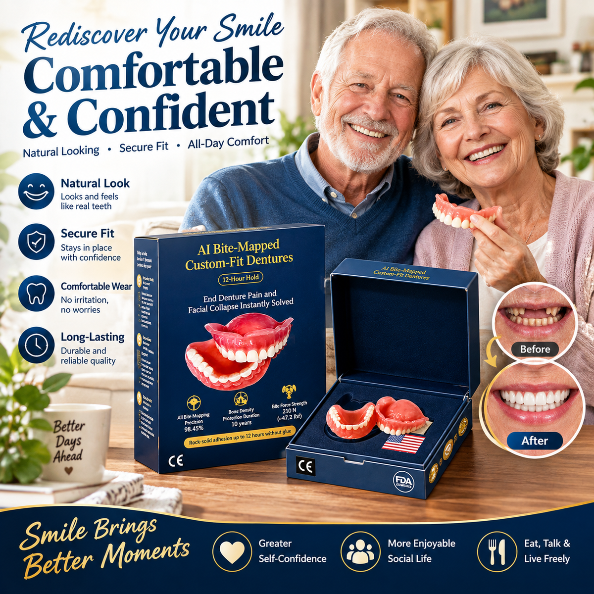 😁 A Better Fit for Your Smile!🦷AI Bite-Mapped Custom-Fit Dentures (12-Hour Hold)