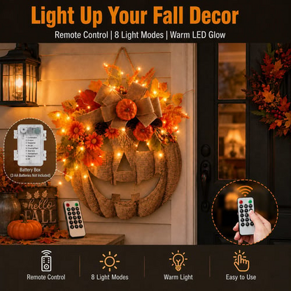 🎉🎃✨ Lighted Burlap Pumpkin Wreath