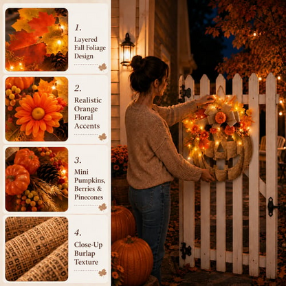 🎉🎃✨ Lighted Burlap Pumpkin Wreath