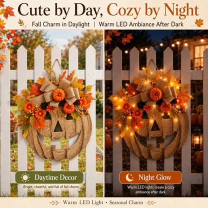 🎉🎃✨ Lighted Burlap Pumpkin Wreath