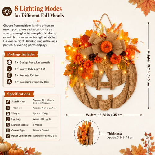 🎉🎃✨ Lighted Burlap Pumpkin Wreath
