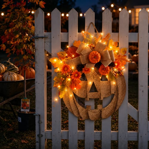 🎉🎃✨ Lighted Burlap Pumpkin Wreath