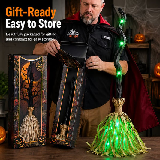 🎁[AL_FlashSale_50%OFF]Magic Halloween Animated Moving Witch Broom Light‑Sound‑Motion