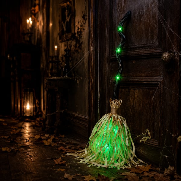 🎁[AL_FlashSale_50%OFF]Magic Halloween Animated Moving Witch Broom Light‑Sound‑Motion