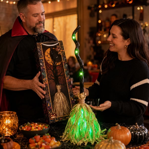 🎁[AL_FlashSale_50%OFF]Magic Halloween Animated Moving Witch Broom Light‑Sound‑Motion