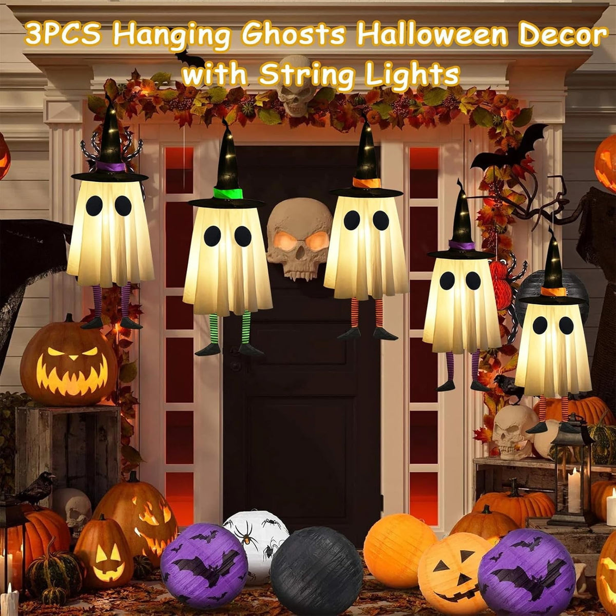👻 Halloween Hanging Ghosts with Witch Hat Lights