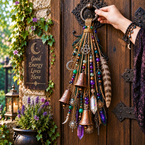 🌙 Witchy Door Charm | Celestial Hanging Décor with Moons, Crystals, Beads, Feathers & Vintage Bells for Doors