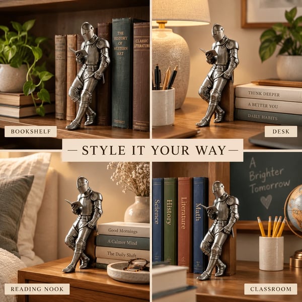 ⚔️ Reading Knight Bookshelf Statue | Medieval Fantasy Bookend Decor