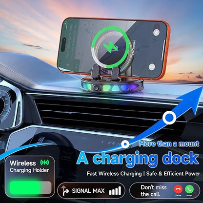 360° Rotating Wireless Charging Car Phone Mount with RGB Light