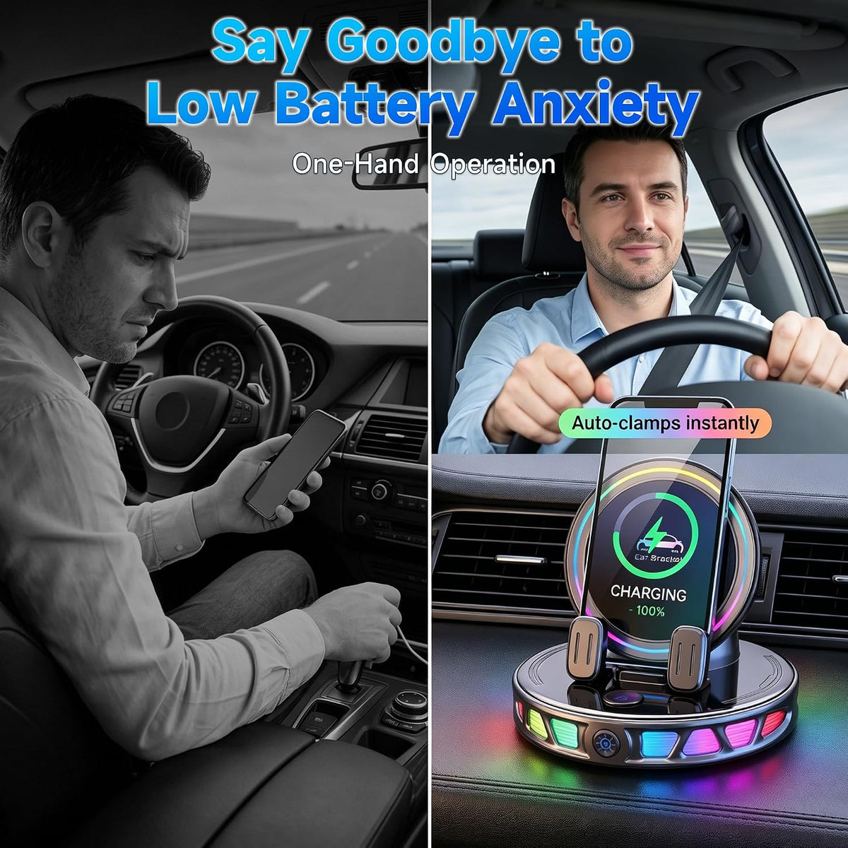 360° Rotating Wireless Charging Car Phone Mount with RGB Light