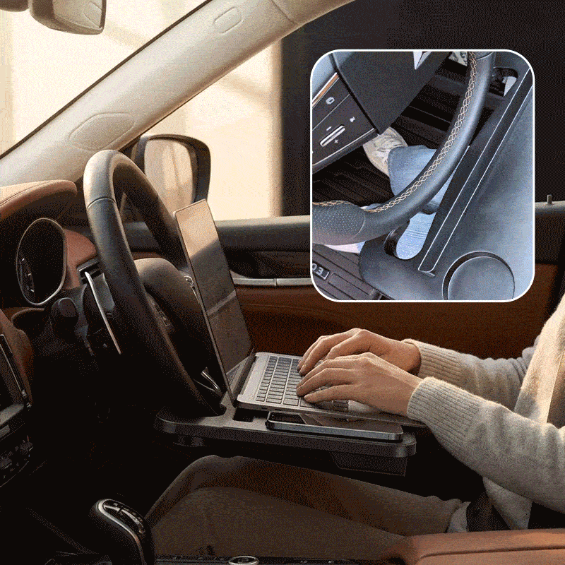 🚗2-in-1 Car Steering Wheel Desk - Black ABS Plastic Food & Laptop Tray
