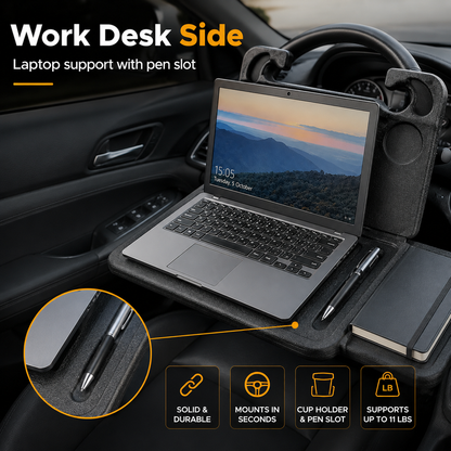 🚗2-in-1 Car Steering Wheel Desk - Black ABS Plastic Food & Laptop Tray