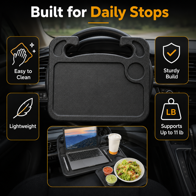 🚗2-in-1 Car Steering Wheel Desk - Black ABS Plastic Food & Laptop Tray