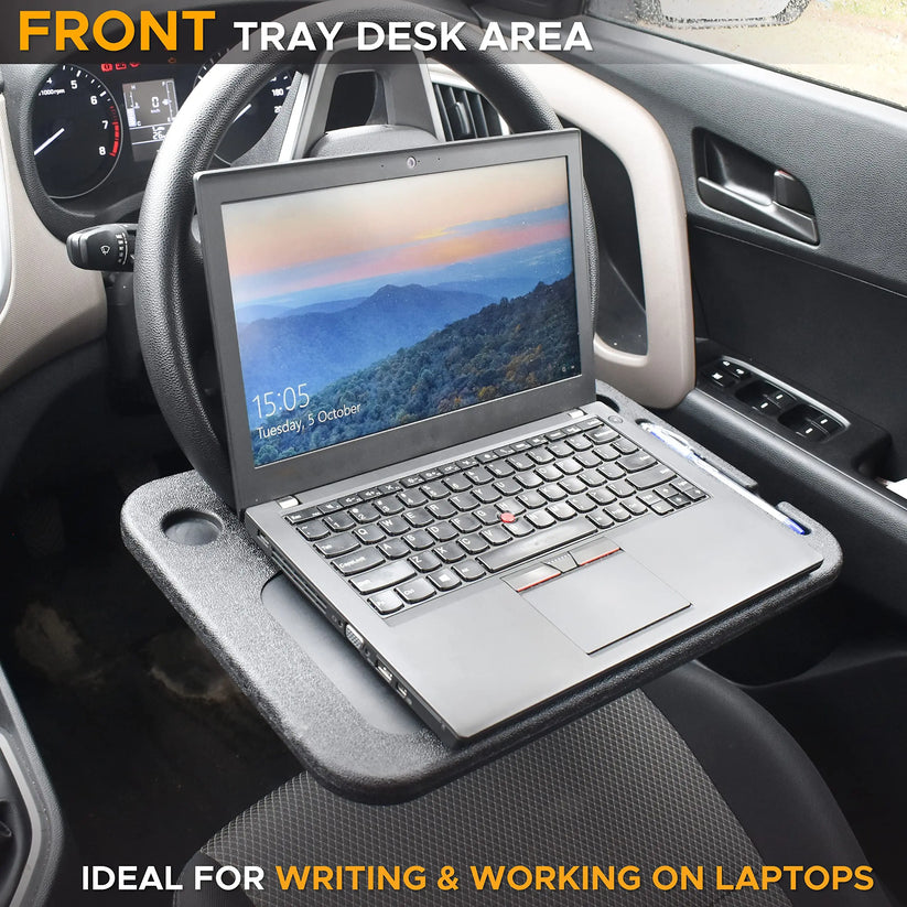 🚗2-in-1 Car Steering Wheel Desk - Black ABS Plastic Food & Laptop Tray