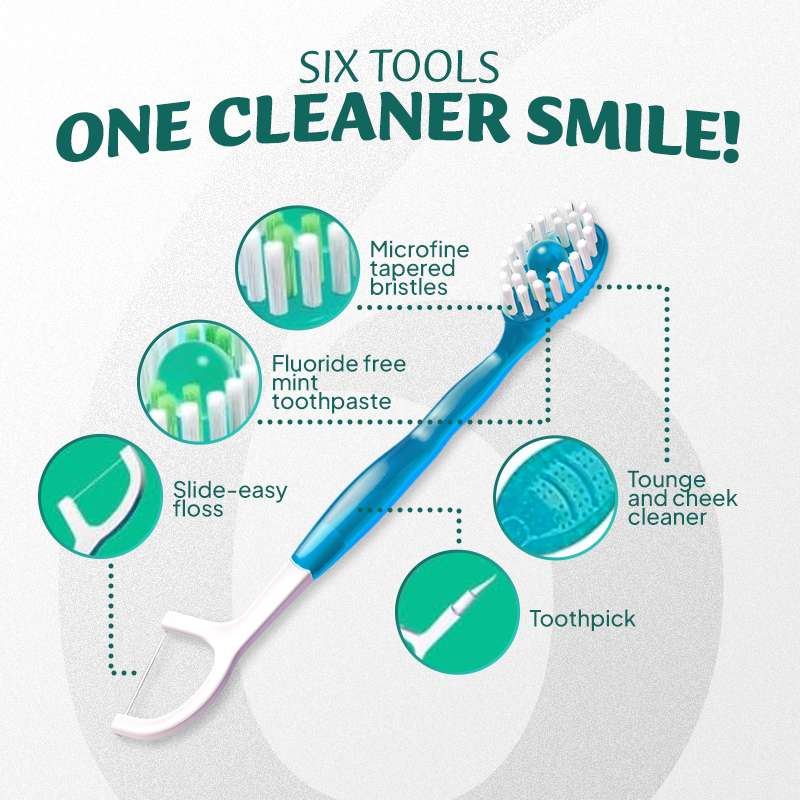 dht™⭐ 6-in-1 Ready-to-Go Mini Travel Toothbrush with Floss & Toothpick, No Rinsing Needed, Individually Wrapped & TSA Friendly