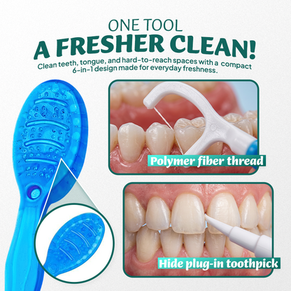 dht™⭐ 6-in-1 Ready-to-Go Mini Travel Toothbrush with Floss & Toothpick, No Rinsing Needed, Individually Wrapped & TSA Friendly