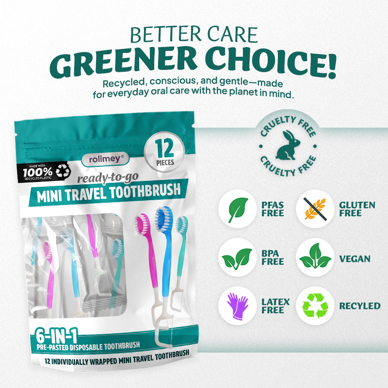 dht™⭐ 6-in-1 Ready-to-Go Mini Travel Toothbrush with Floss & Toothpick, No Rinsing Needed, Individually Wrapped & TSA Friendly
