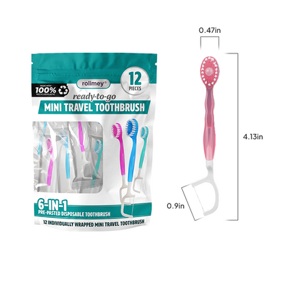 dht™⭐ 6-in-1 Ready-to-Go Mini Travel Toothbrush with Floss & Toothpick, No Rinsing Needed, Individually Wrapped & TSA Friendly