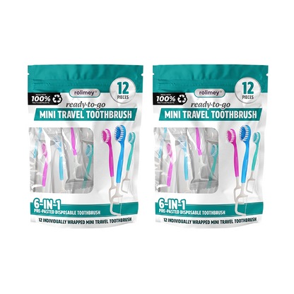 dht™⭐ 6-in-1 Ready-to-Go Mini Travel Toothbrush with Floss & Toothpick, No Rinsing Needed, Individually Wrapped & TSA Friendly