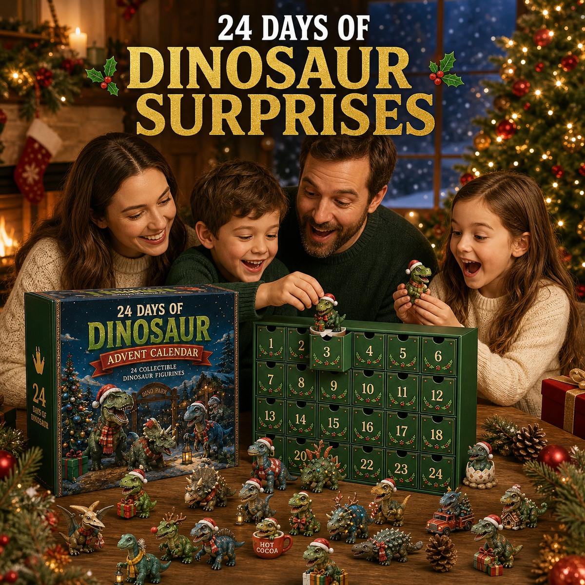 🦖 24 Days of Dinosaur Christmas Advent Calendar – 24 Collectible Dino Figurines & Holiday Surprises