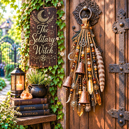 🌙 Witchy Door Charm | Celestial Hanging Décor with Moons, Crystals, Beads, Feathers & Vintage Bells for Doors
