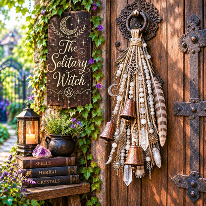 🌙 Witchy Door Charm | Celestial Hanging Décor with Moons, Crystals, Beads, Feathers & Vintage Bells for Doors