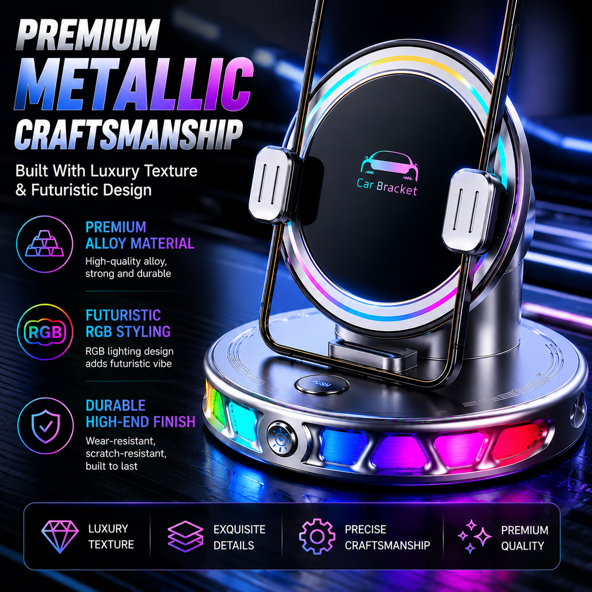 360° Rotating Wireless Charging Car Phone Mount with RGB Light