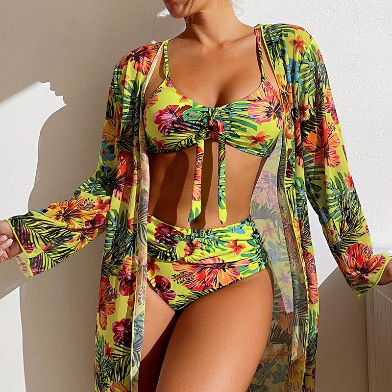Women's 3 Piece Swimsuit Floral Print Halter Bikini Set