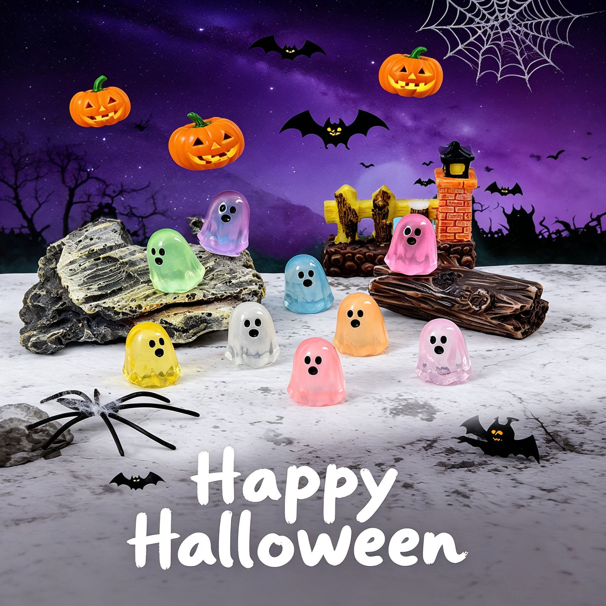 🎃 Glow‑in‑the‑Dark Mini Ghosts – Cute Halloween Hanging Decorations, 7 Assorted Colors Per Set