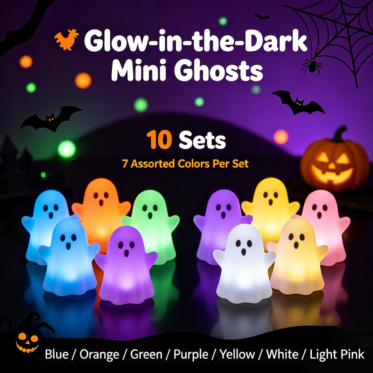 🎃 Glow‑in‑the‑Dark Mini Ghosts – Cute Halloween Hanging Decorations, 7 Assorted Colors Per Set