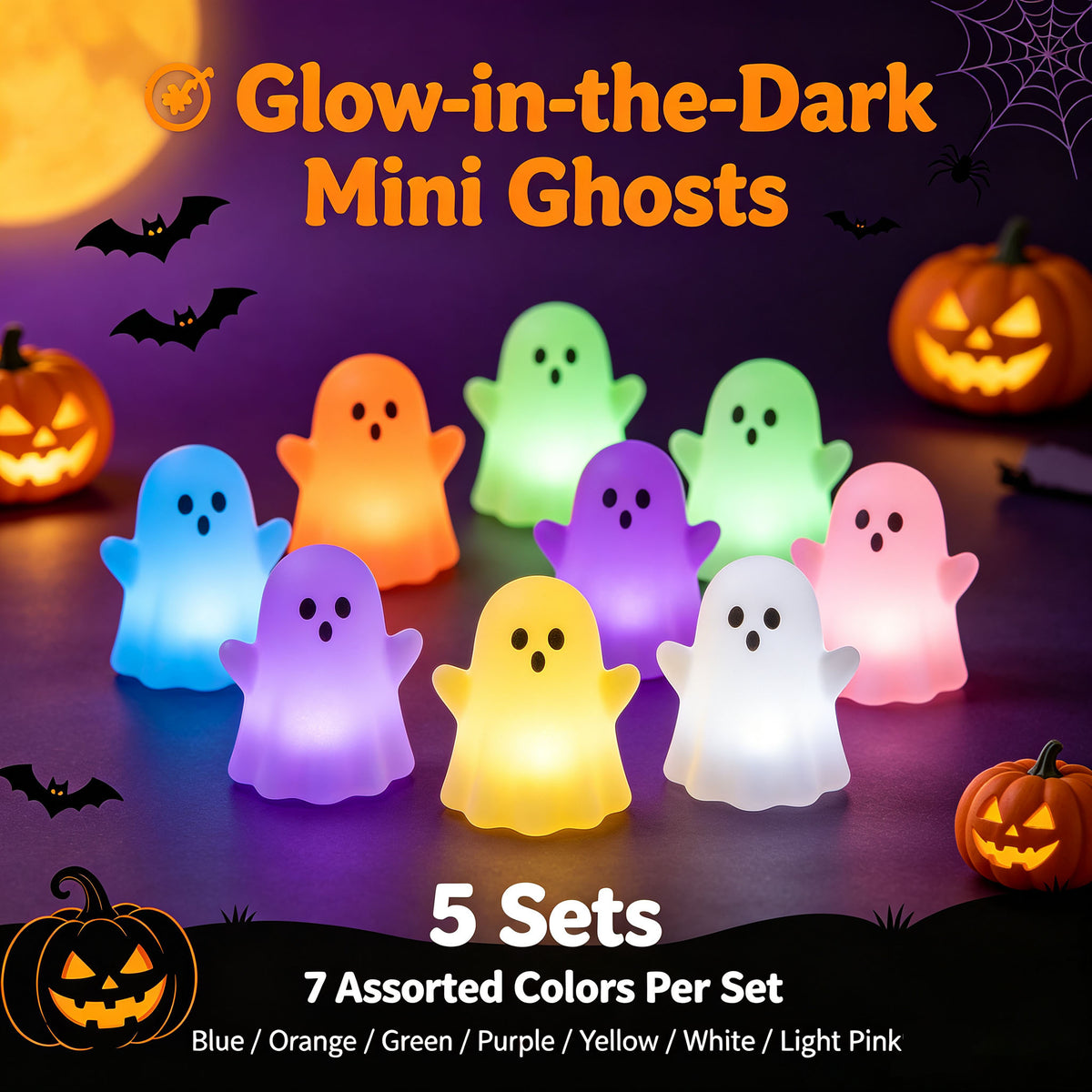 🎃 Glow‑in‑the‑Dark Mini Ghosts – Cute Halloween Hanging Decorations, 7 Assorted Colors Per Set