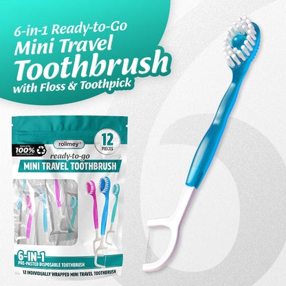 dht™⭐ 6-in-1 Ready-to-Go Mini Travel Toothbrush with Floss & Toothpick, No Rinsing Needed, Individually Wrapped & TSA Friendly